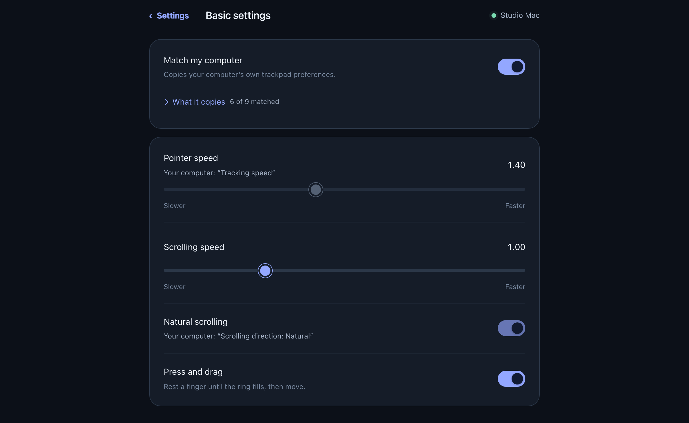 Basic settings, with a 'Match my computer' switch and each control naming the macOS setting it follows.