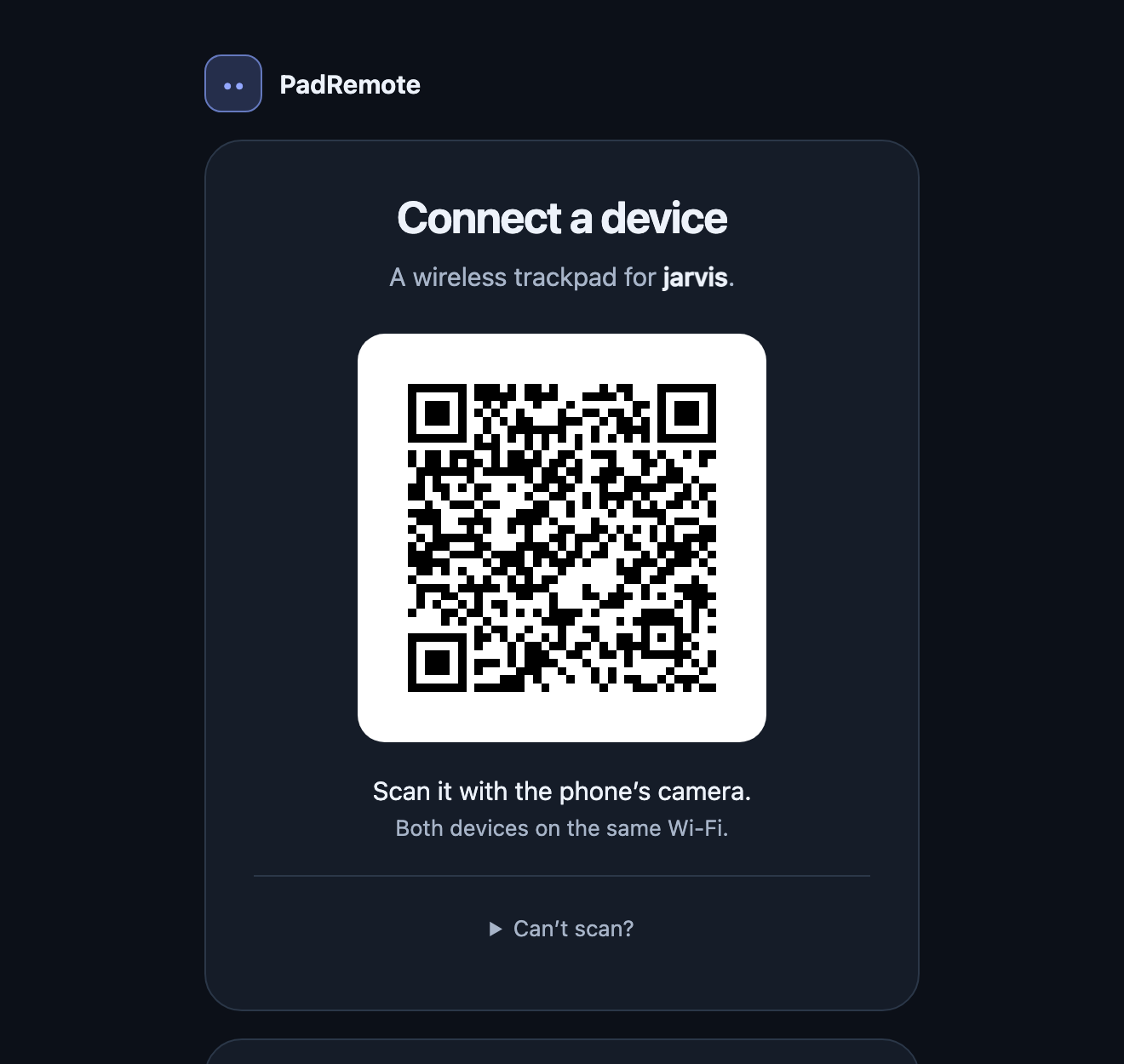 The connect page on the Mac: a QR code under the heading 'Connect a device'.