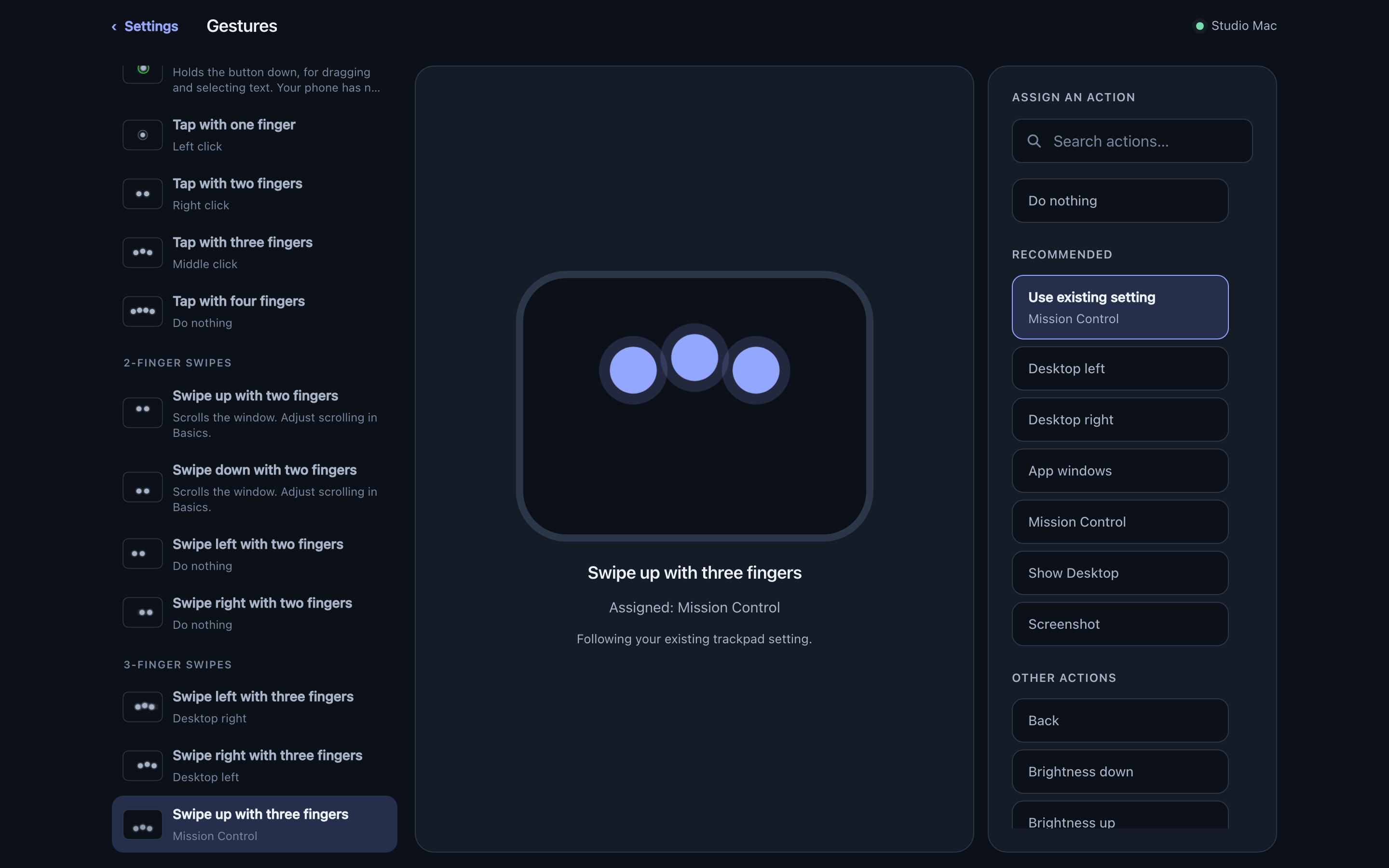 The gestures page: a list on the left, a swipe demonstrated with three animated fingertips in the middle, the actions it can take on the right.
