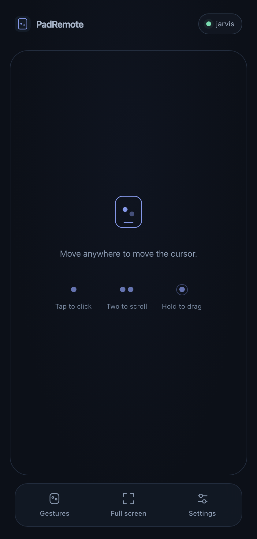 PadRemote on a phone: the whole screen is the trackpad, the computer's name and a green dot along the top.