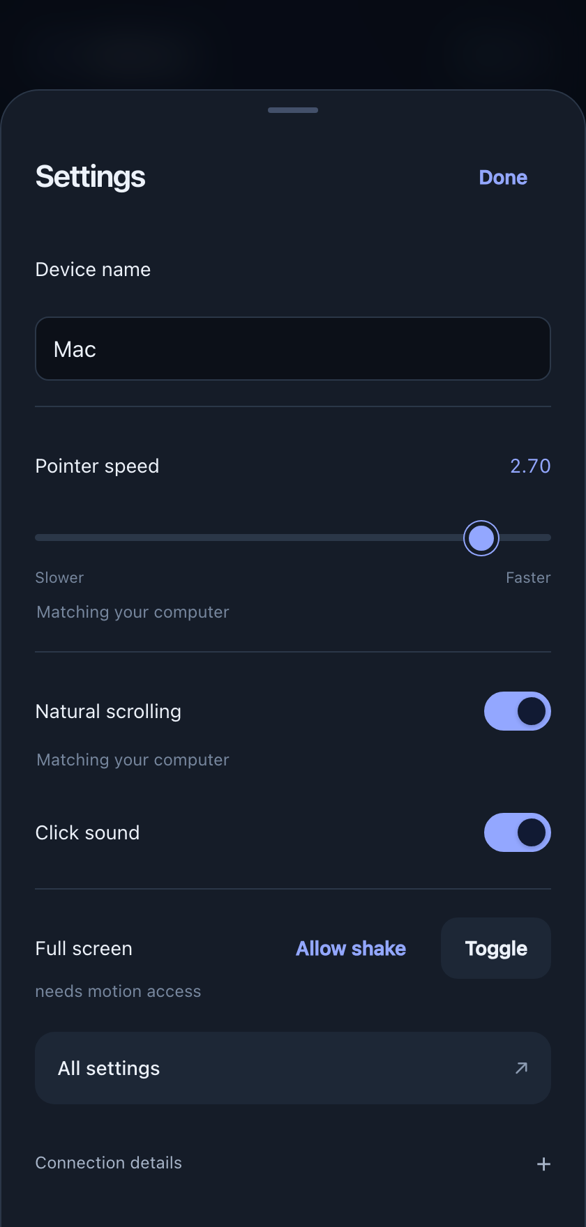 The phone's settings sheet, with 'Matching your computer' under the controls the Mac decides.